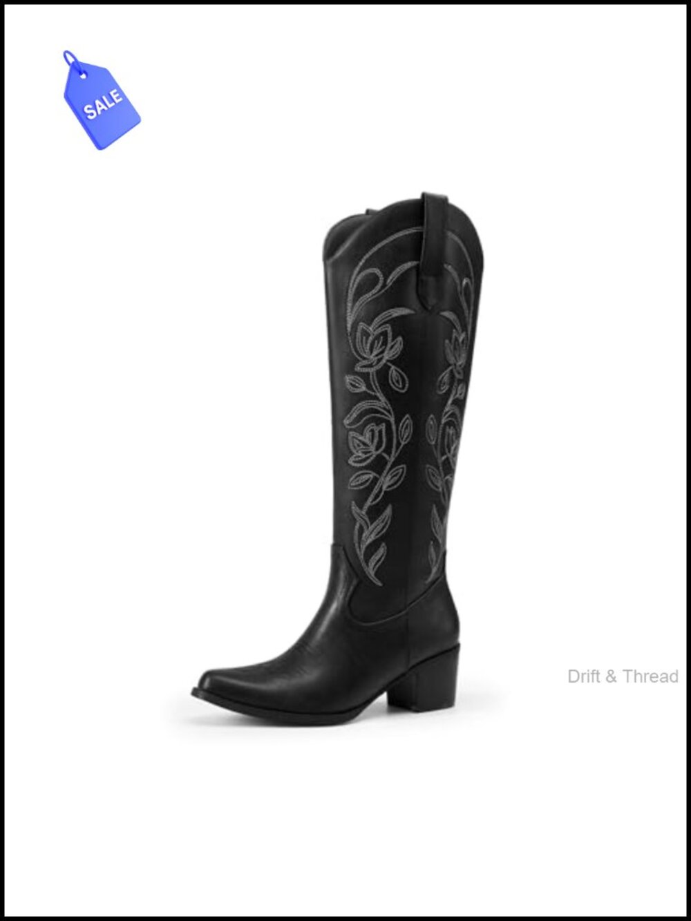 Cowgirl Knee High Western Boots Faux Leather Square Toe Floral Embroidery